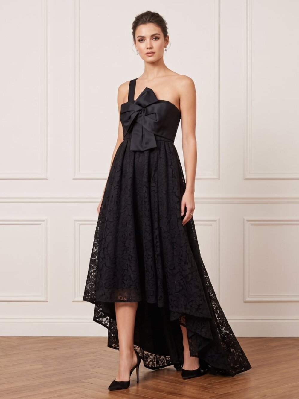 NEW Zac Posen Black lace high low one shoulder maxi dress with bow detail. Sz 6